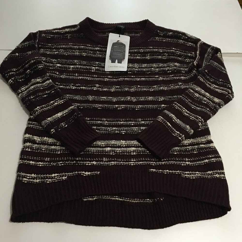 Calvin Klein Jeans Womens Striped Pullover Sweater Size Small Knit NWT Plum